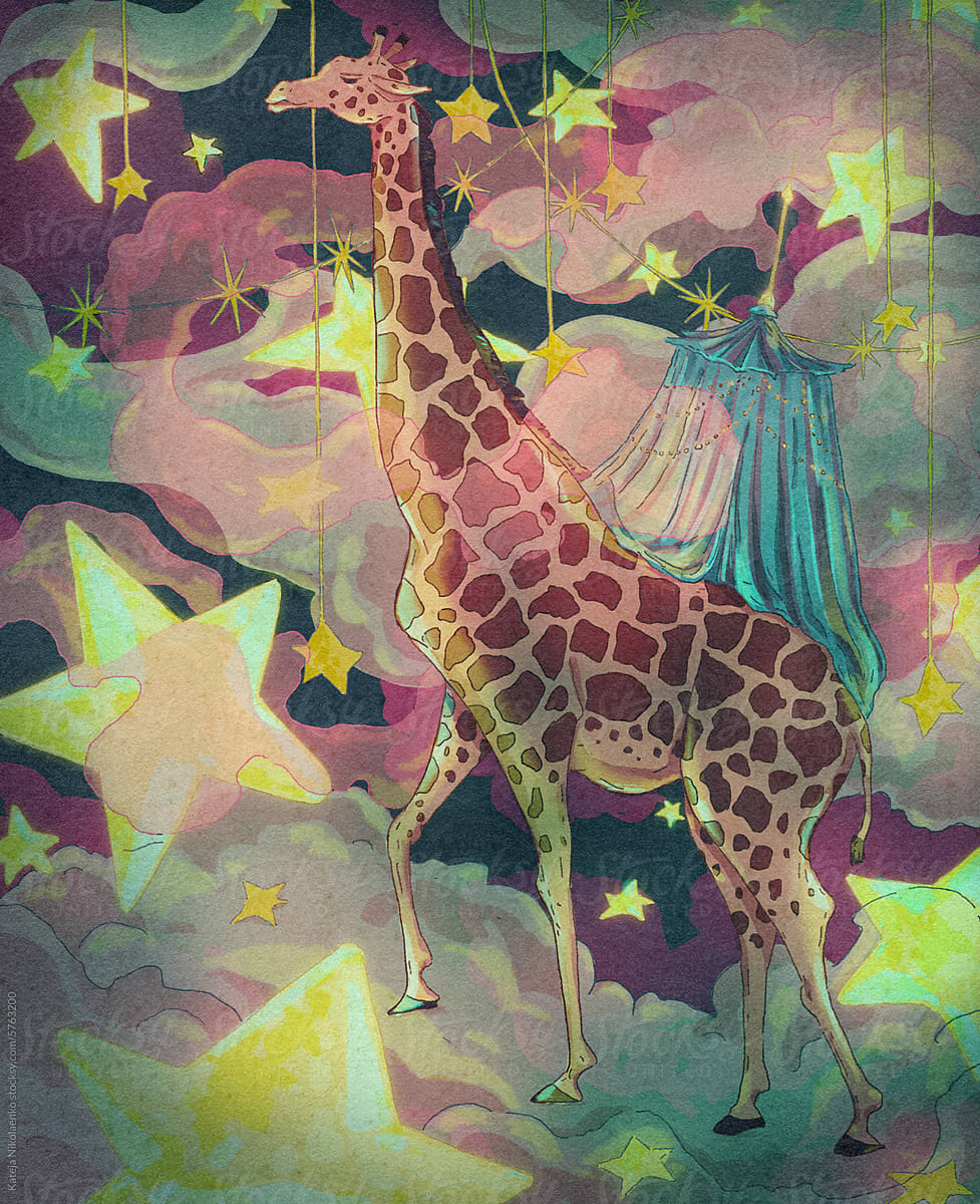 Giraffe carrying tent among stars and clouds