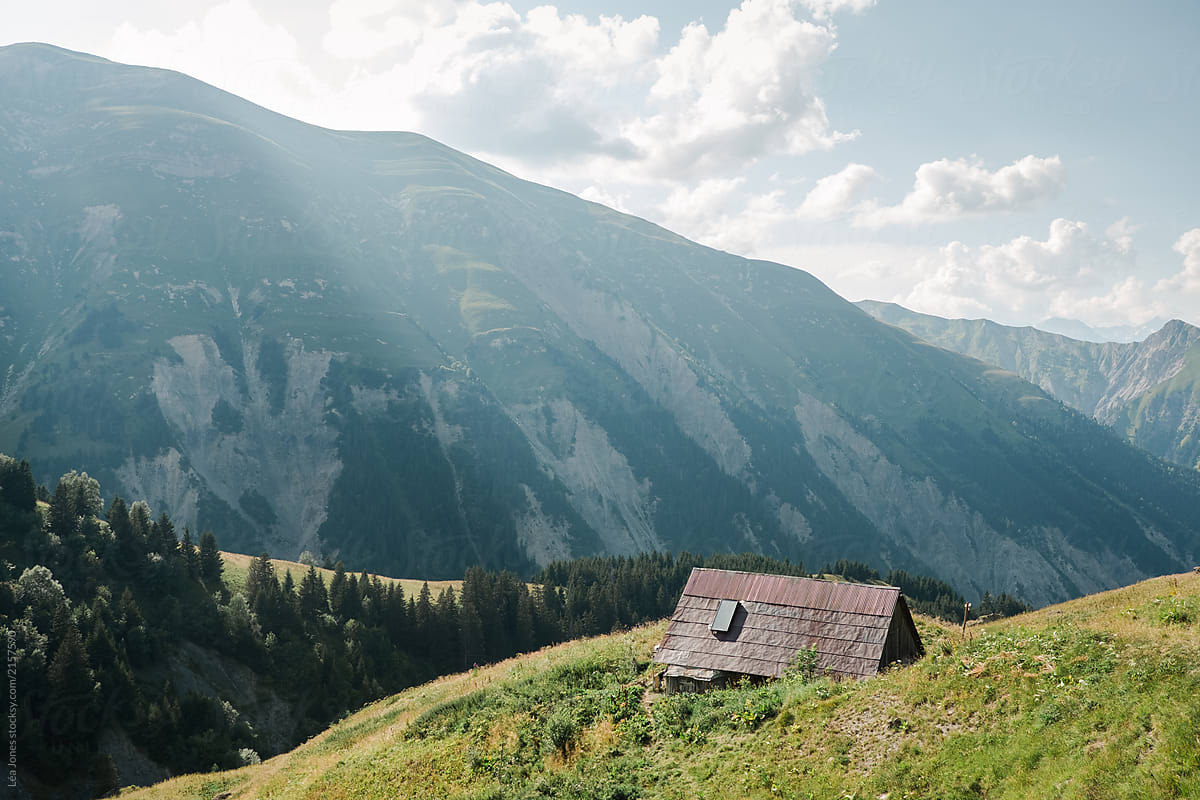view of mountain hut in the Alps