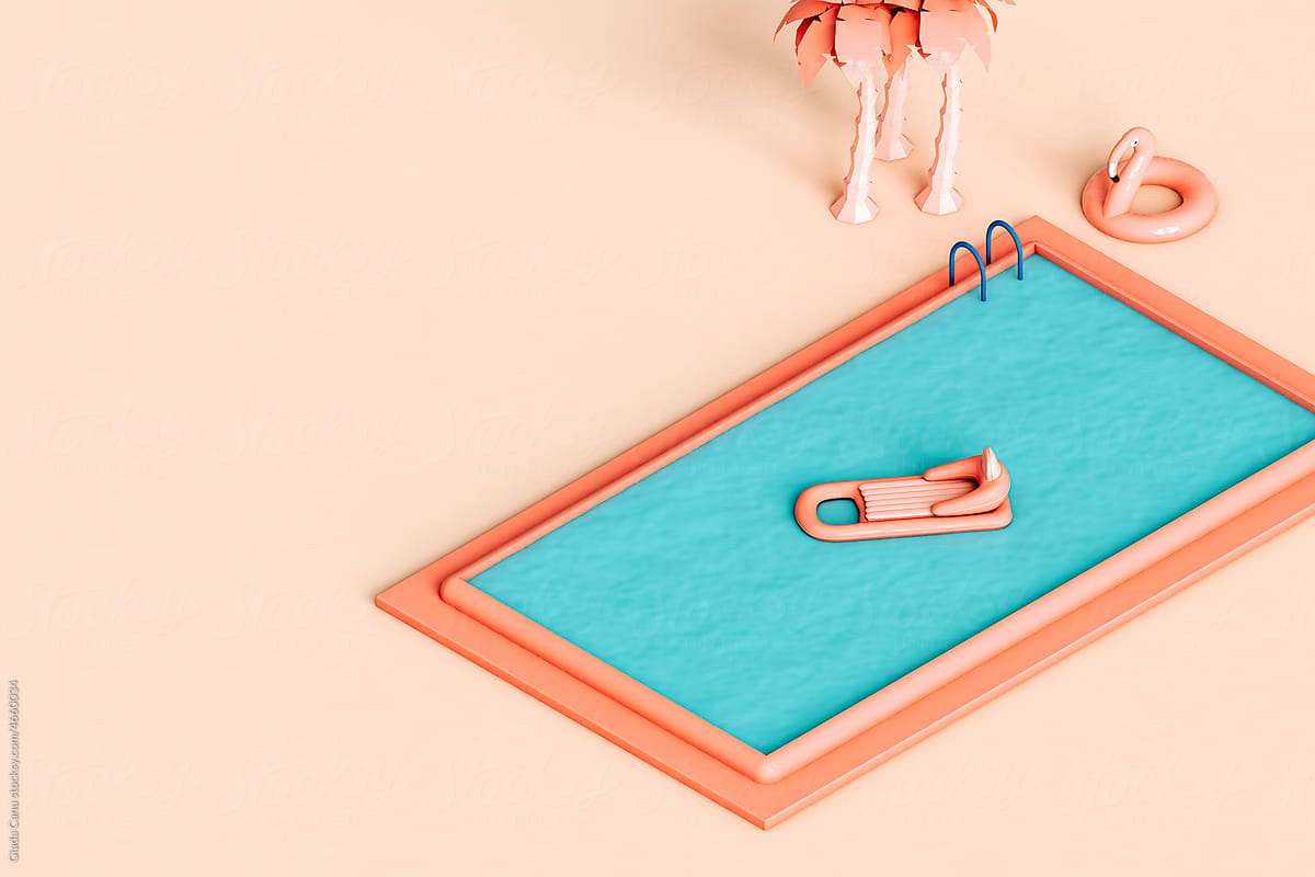 abstract swimming pool with inflatable toys