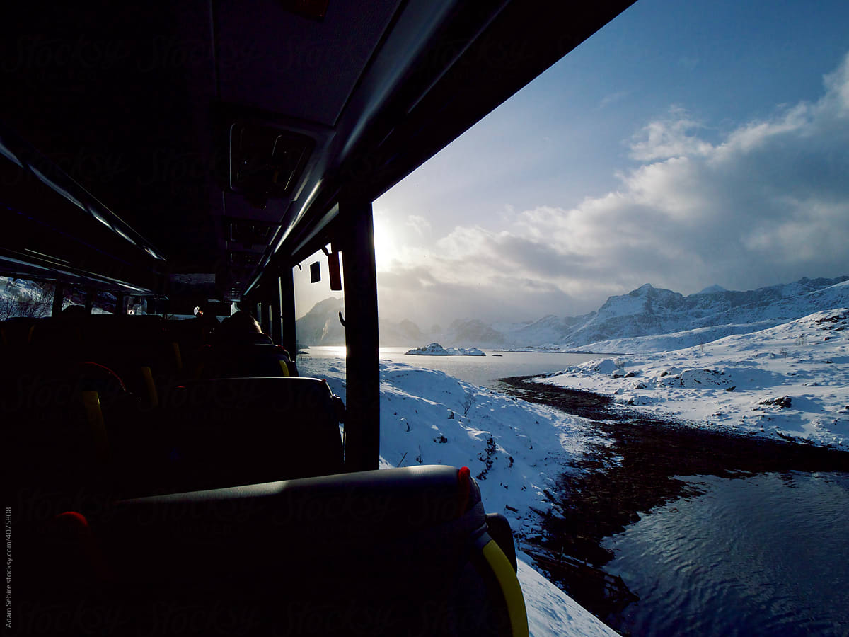 Lofoten Islands bus journey road trip, Norway snowy winter