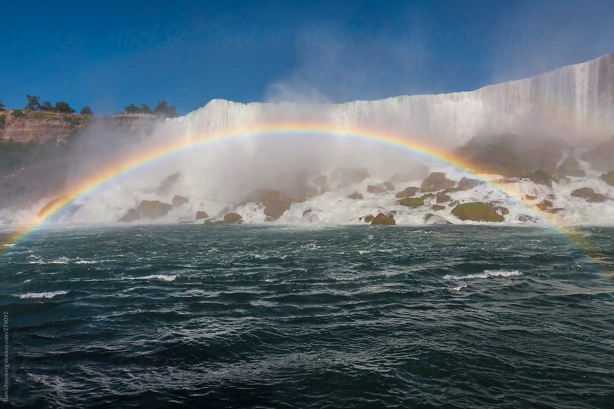 Niagara Falls - The American Falls and a Full Rainbow as Seen from a Boat