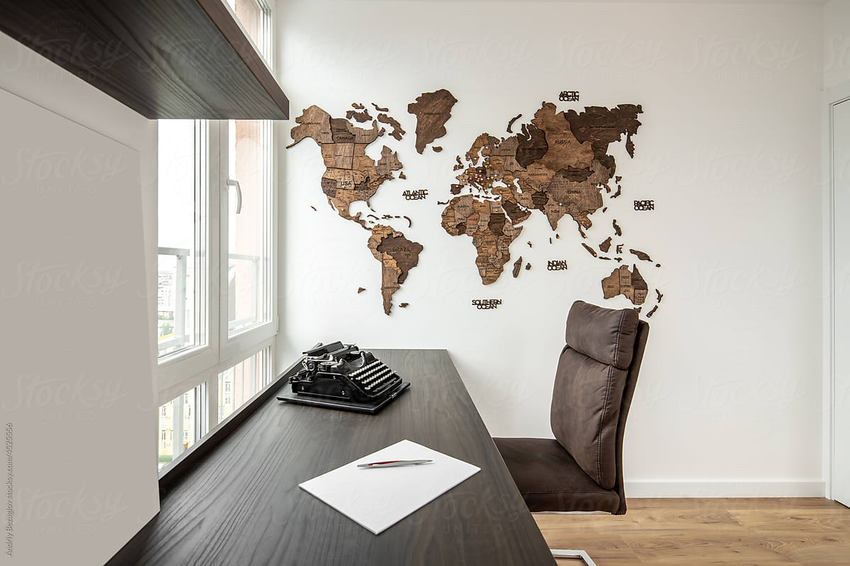 Interior in modern style with wood map art on wall