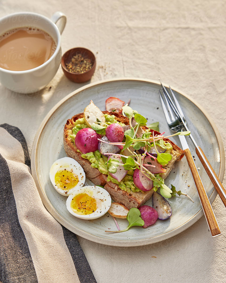 Breakfast Of Toast With Radishes And Egg.