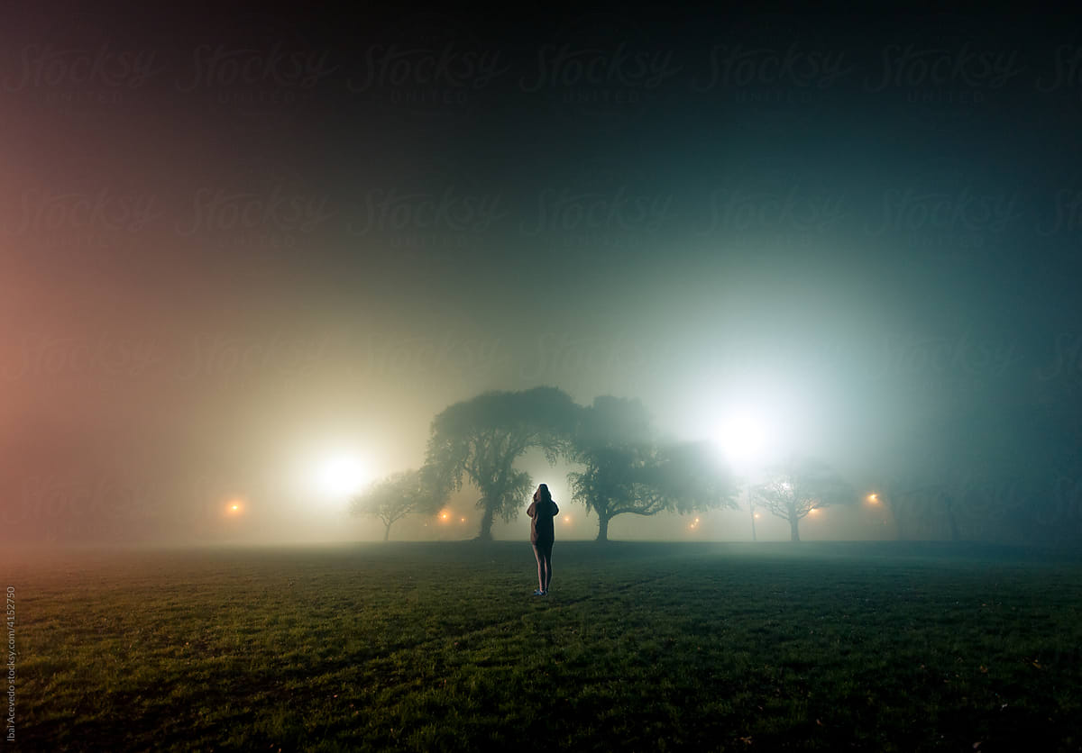 Night walk with dense fog
