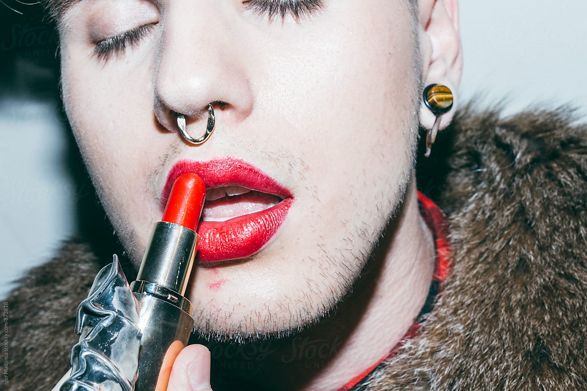 red lipstick, a fashionable young man in a Fur Coat