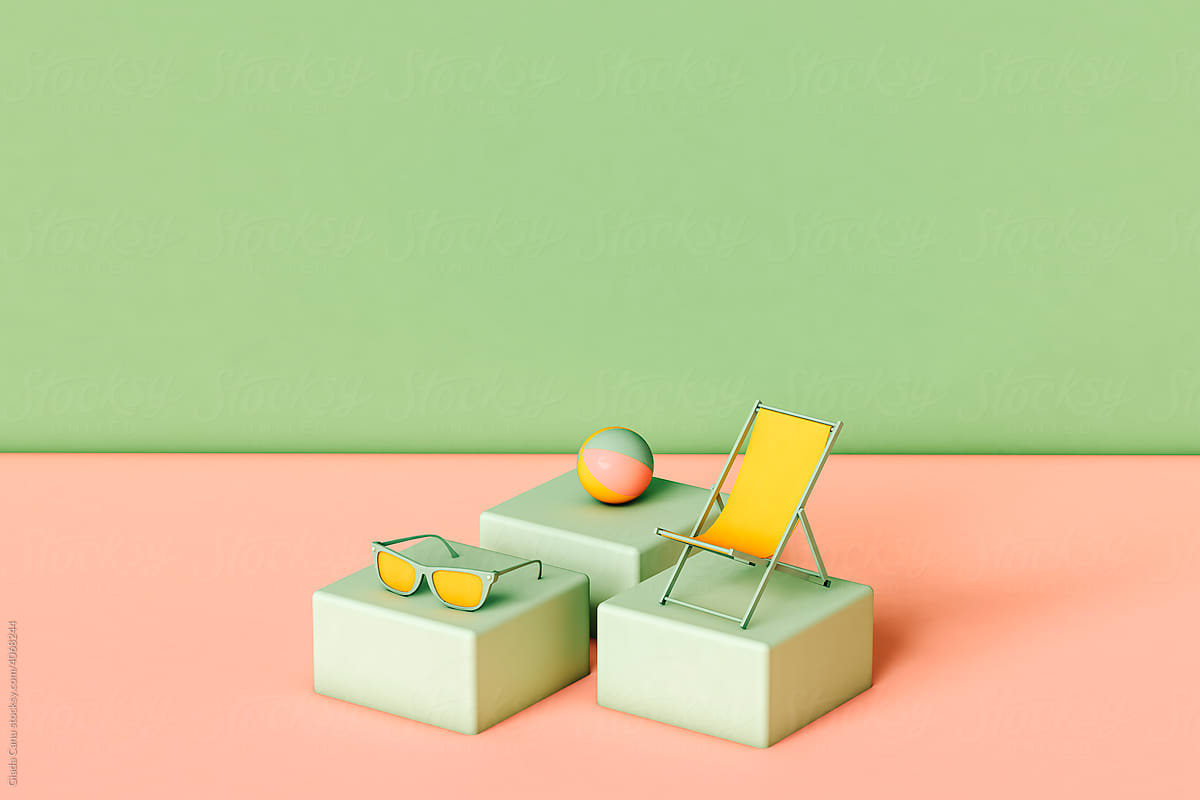 sunglasses, beach ball and a beach chair on green cubes