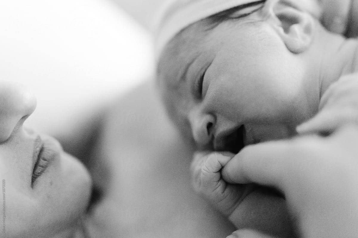 Black and White Close Up of a Newborn right after Birth