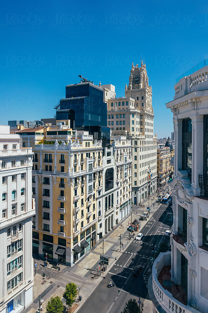 Iconic Grand Via street of Madrid with Historic Buildings