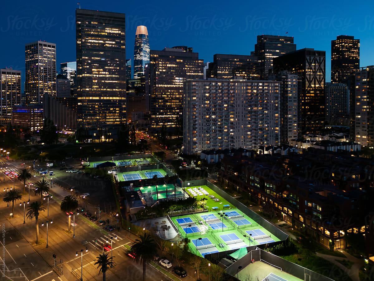 San Francisco Financial District and Pickleball courts at night