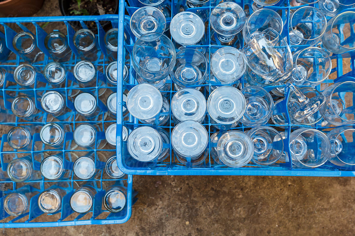 Blue Crates of Rental Beverage Glasses Outdoors