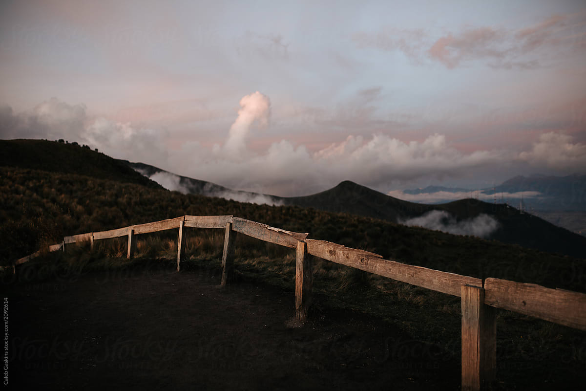Wooden railing in scenic mountains