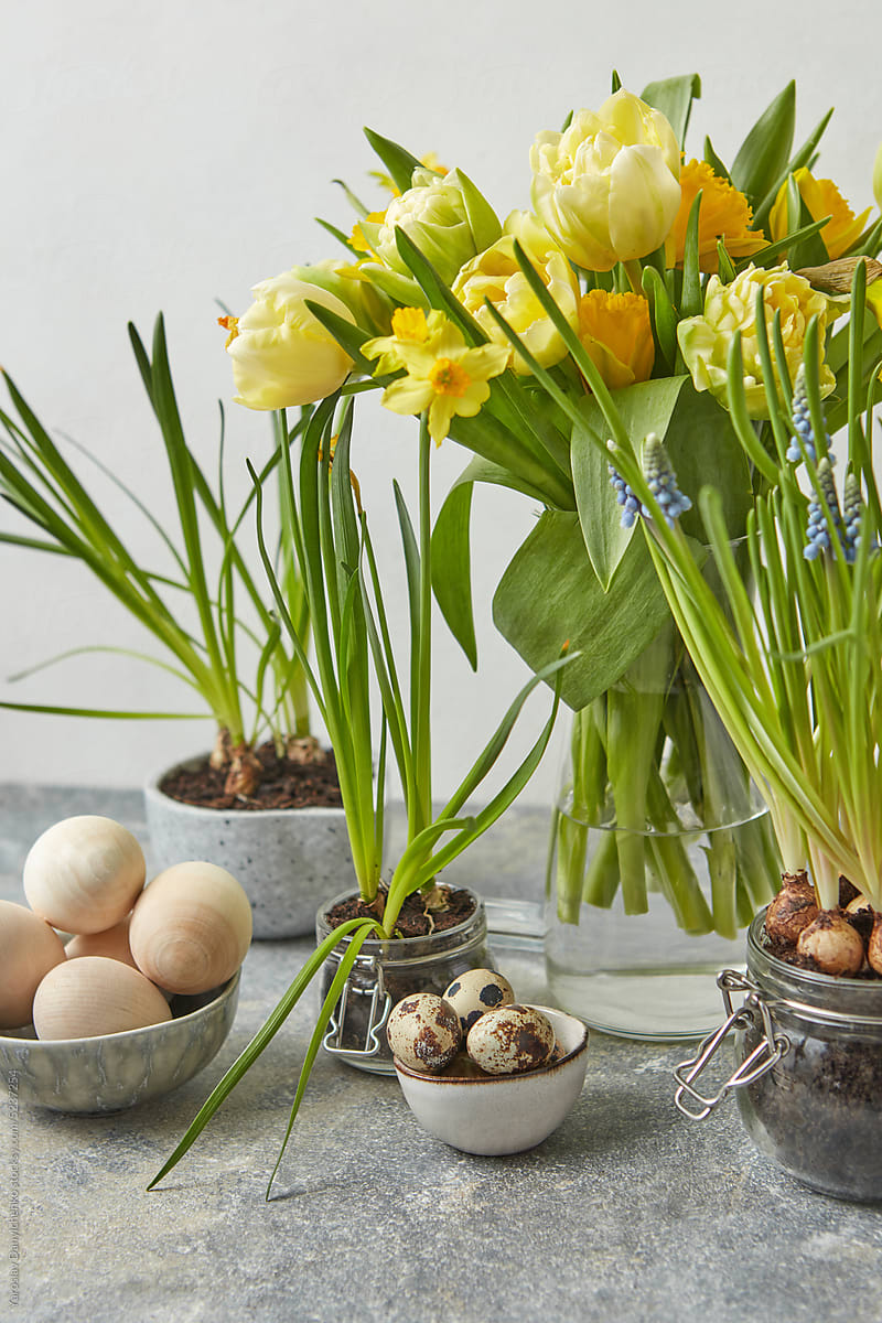 Bouquet of tulips, potted flowers, Easter eggs.