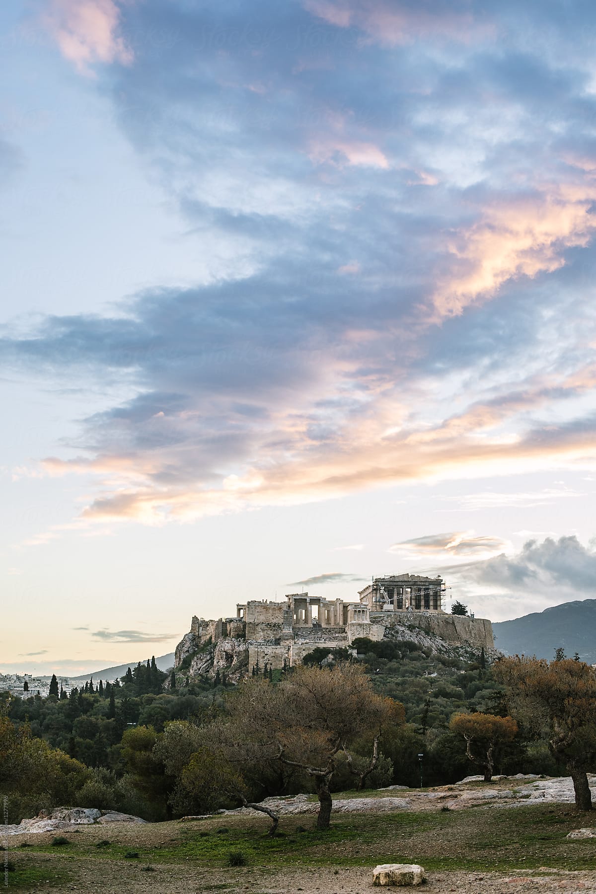 colorful clouds above the acropolis at sunrise