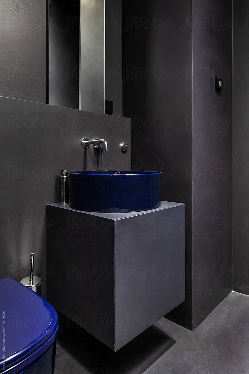 Bathroom in contemporary style with dark walls