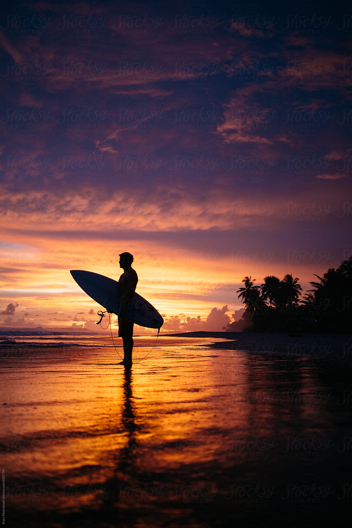 Silhouette Of A Surfer On The Beach With A Colorful Sunset