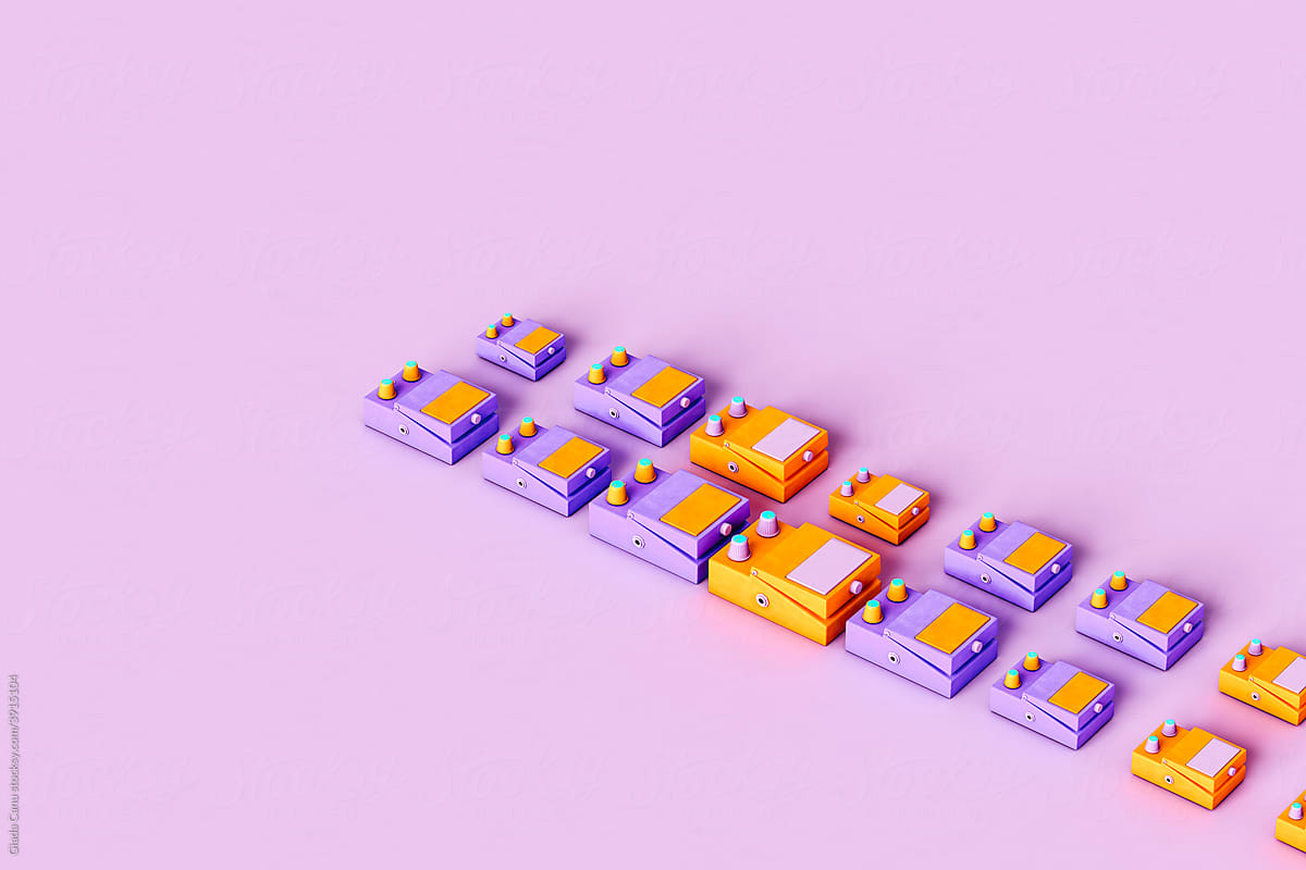 guitar pedal on violet background in a row