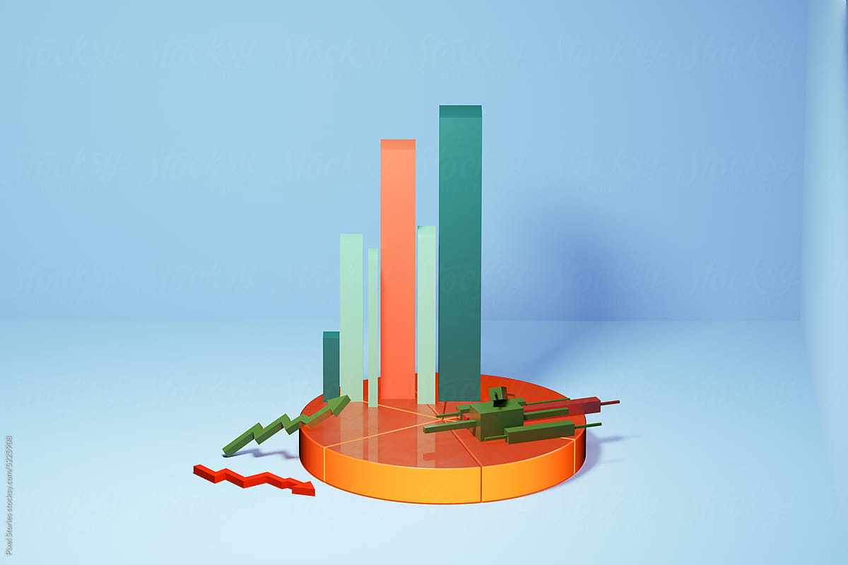 3D financial performance bar and pie charts, arrows results