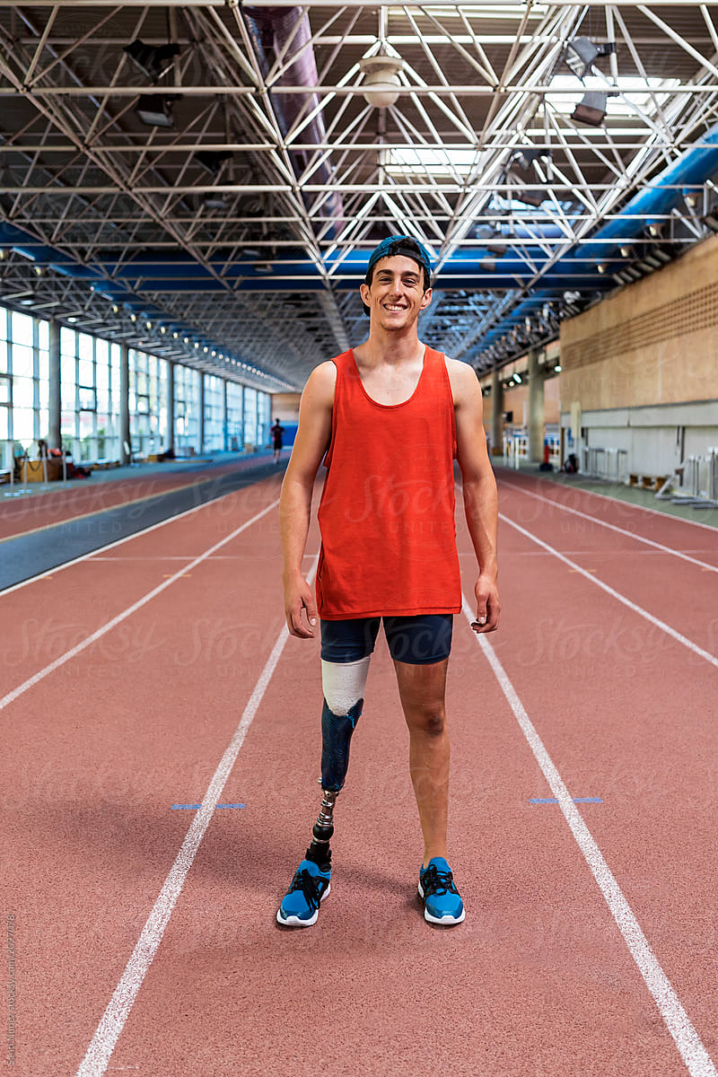 Portrait of disabled man athlete with leg prosthesis
