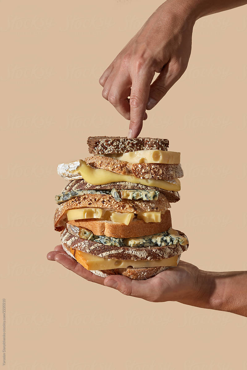 Male hands hold a healthy sandwich made from different cheese.