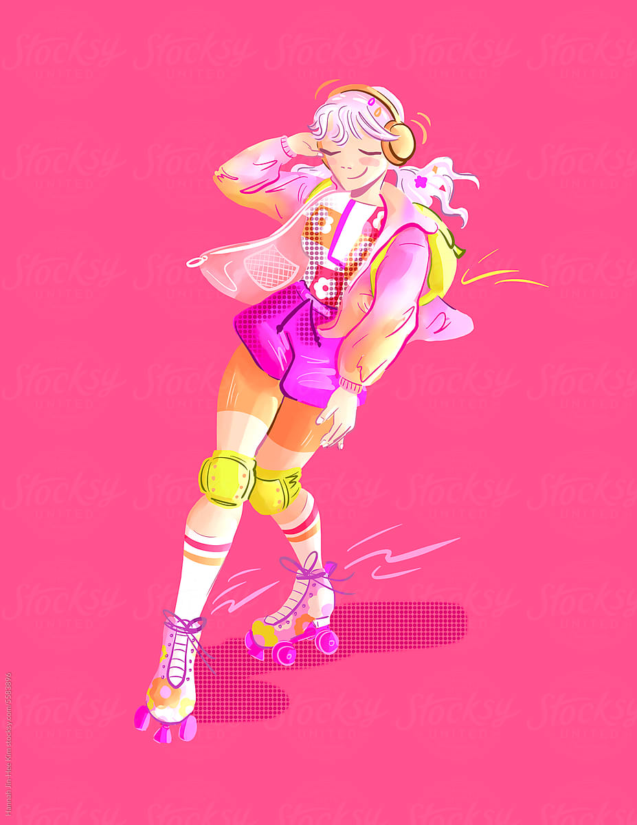 Pink Roller Skater with Headphones