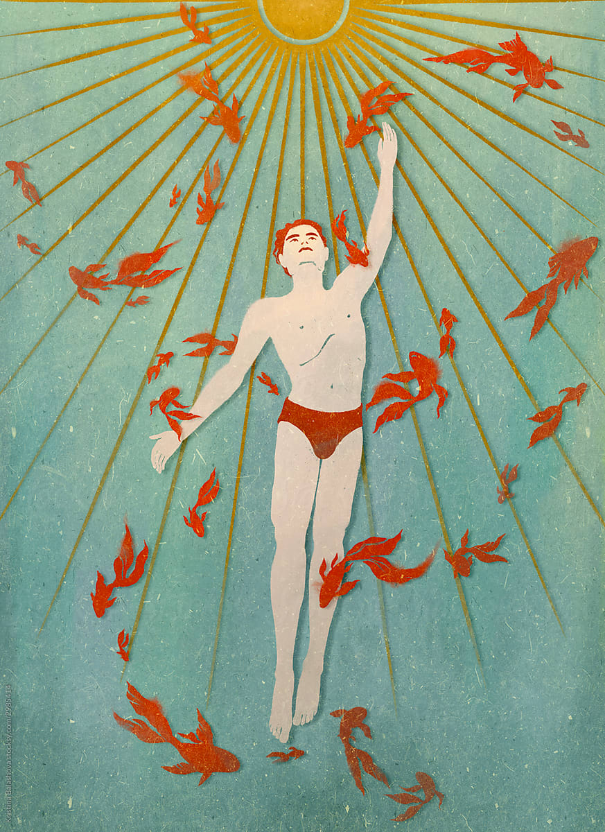 A red-haired man ascends to the sun, red fish soar around a man.