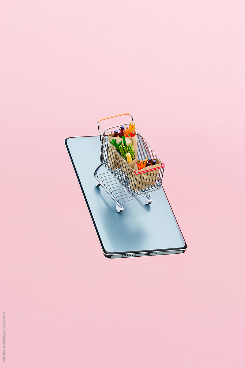 Online grocery shopping concept with smartphone