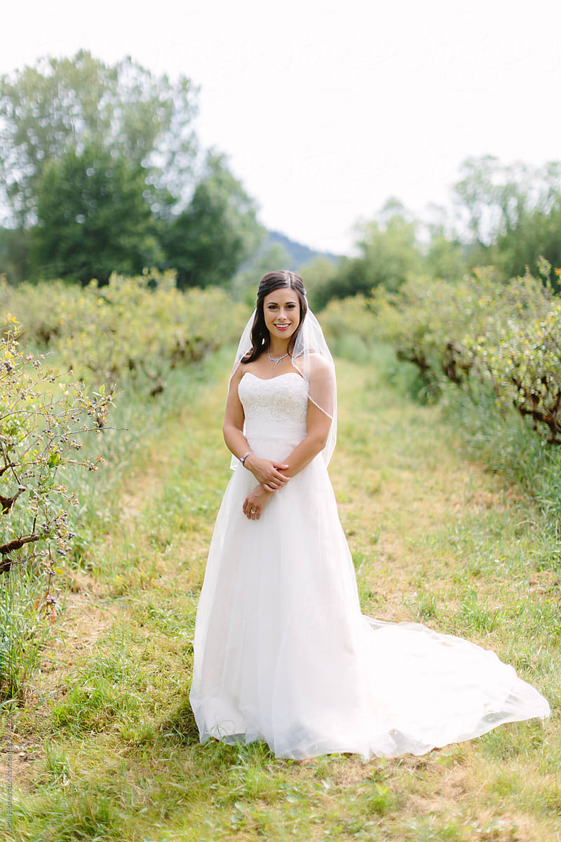 Bride Standing in Farm Field