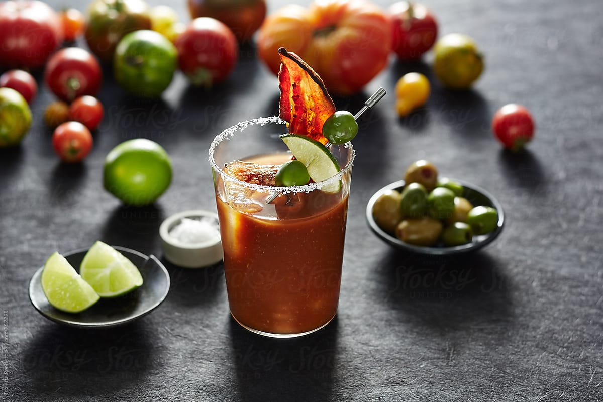 Bloody Mary cocktail with ingredients