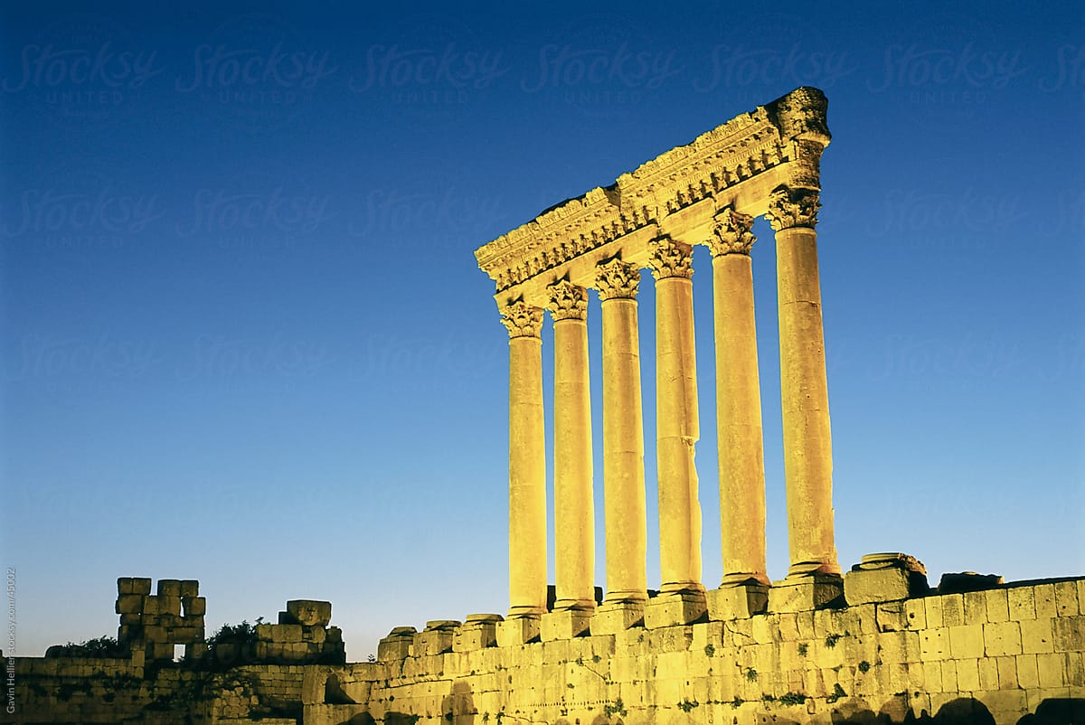Lebanon, Bekaa Valley, Baalbek, Roman Temple of Jupiter, dusk