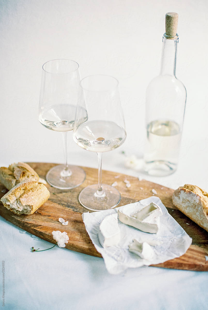 wine with fresh french bread and cheese