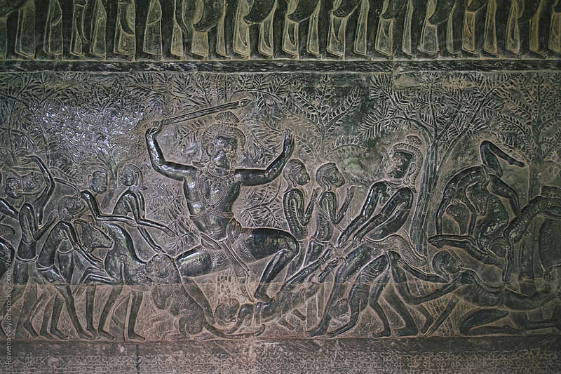 Carved Stone wall detail at Angkor Wat, Cambodia