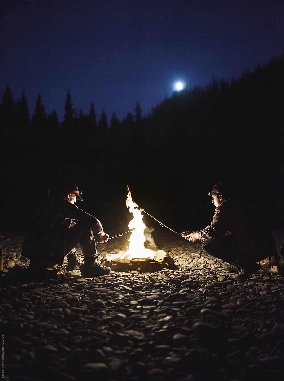 Two Guys Roasting Marshmallows by a Campfire