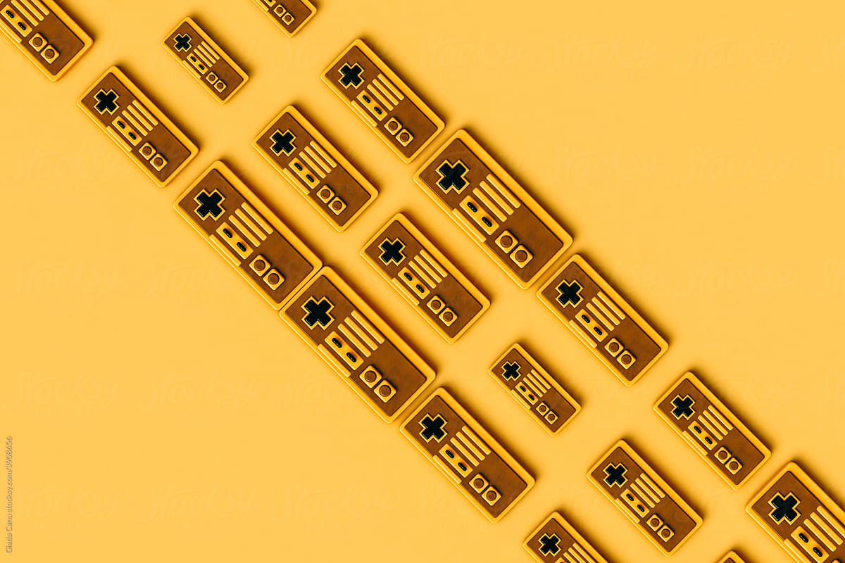 yellow and brown 8-bit controller in rows. 3D render