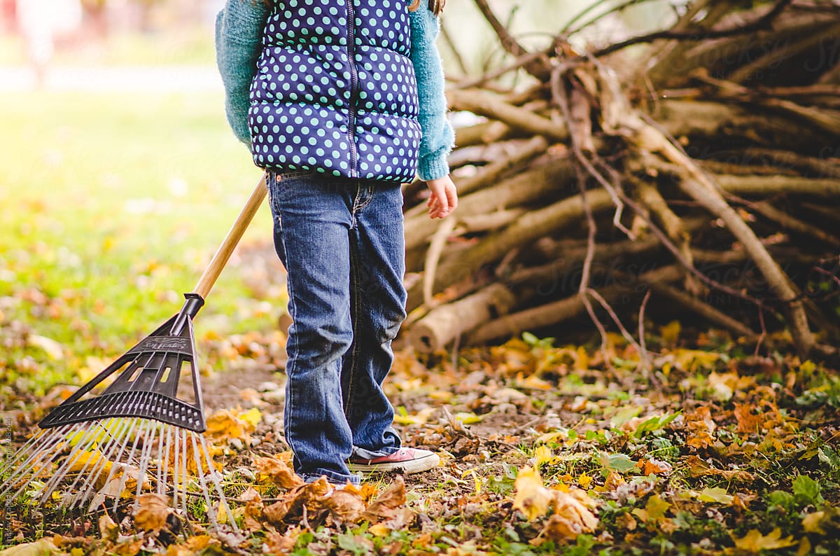 Child standing in yard with a rake