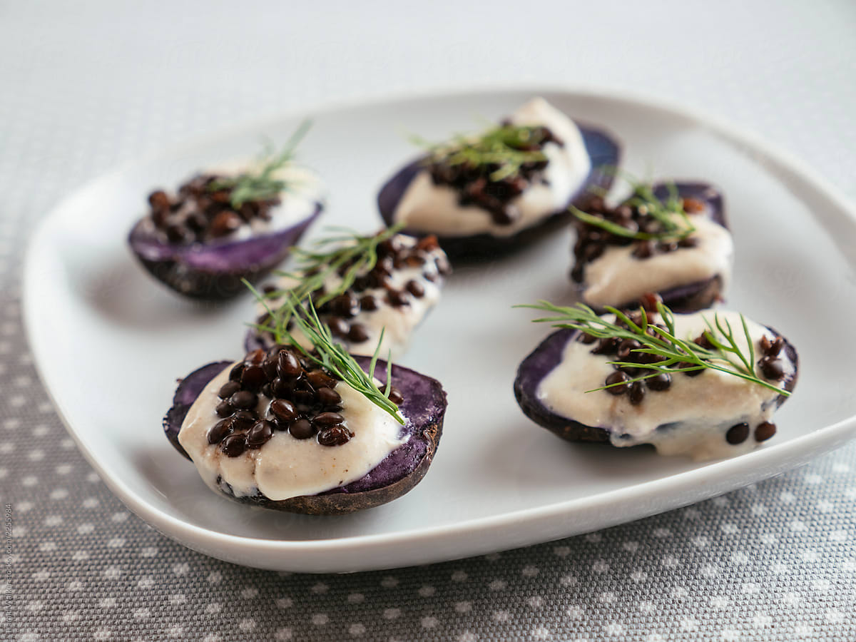 Purple Potatoes with Vegan Feta Spread and Beluga Lentils