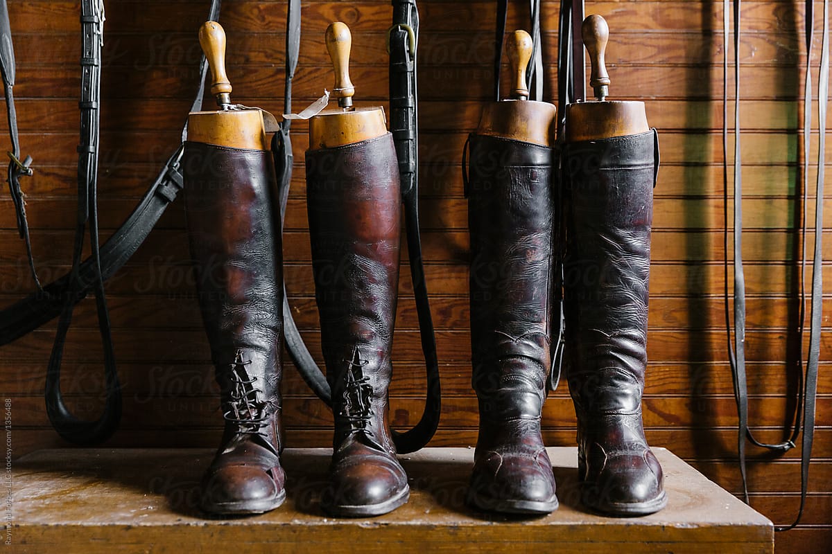 Tack Room with Luxury worn Leather Riding Boots