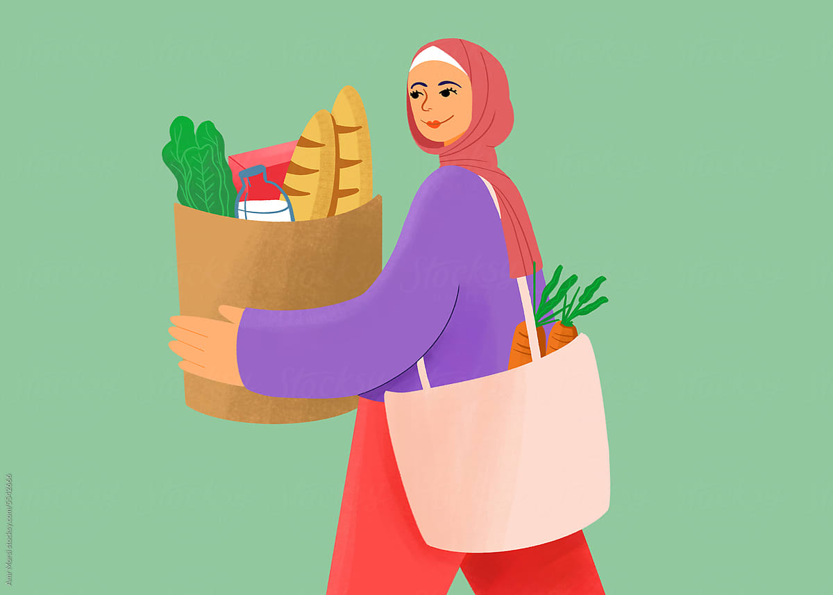 a Muslim woman wearing a hijab and carrying a bag of groceries