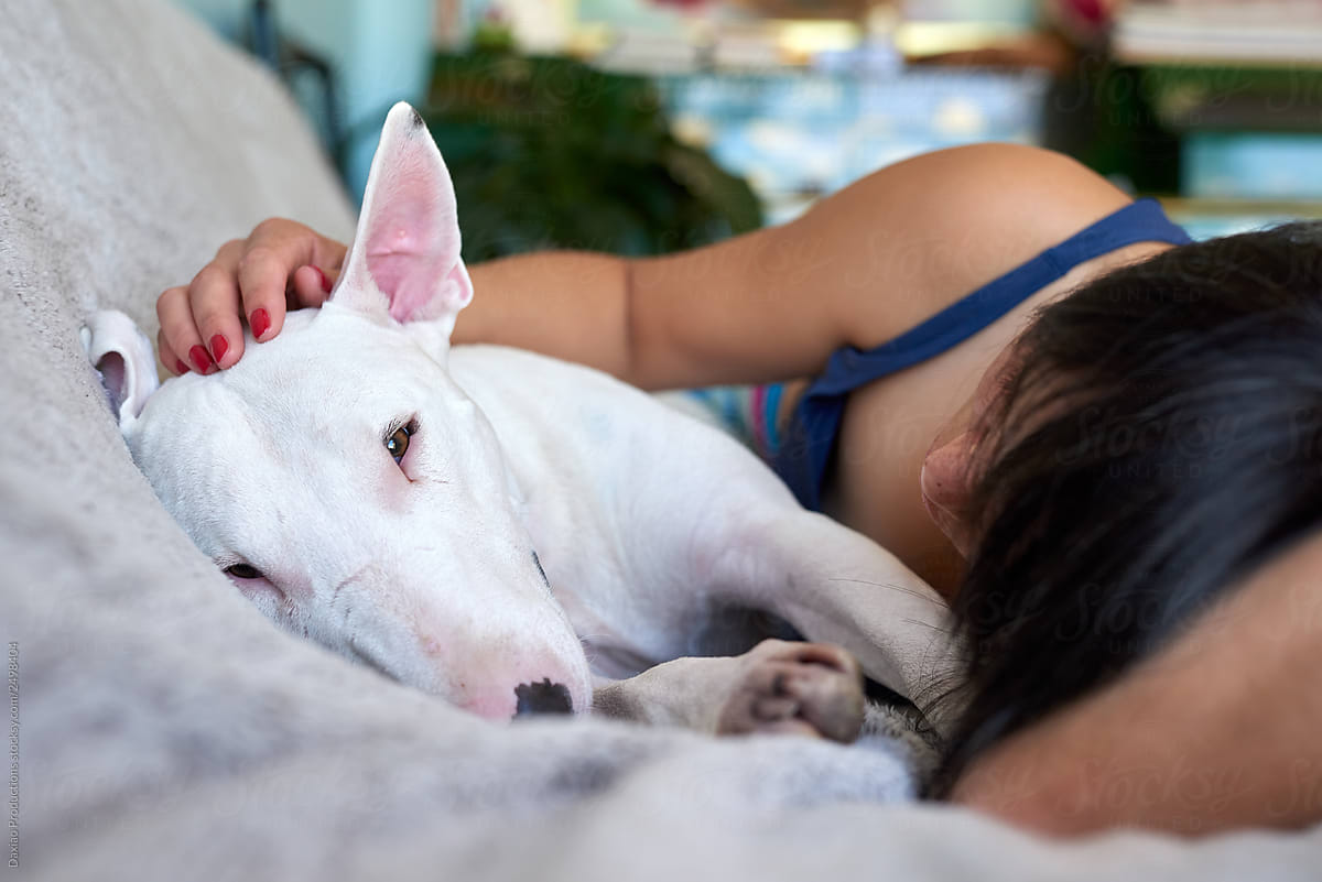 Woman lying on couch with pet dog