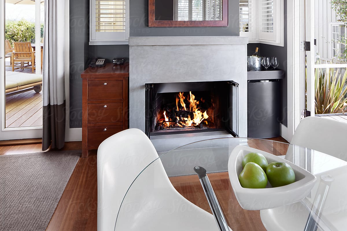 Fireplace in living room, tiny home cottage hotel suite
