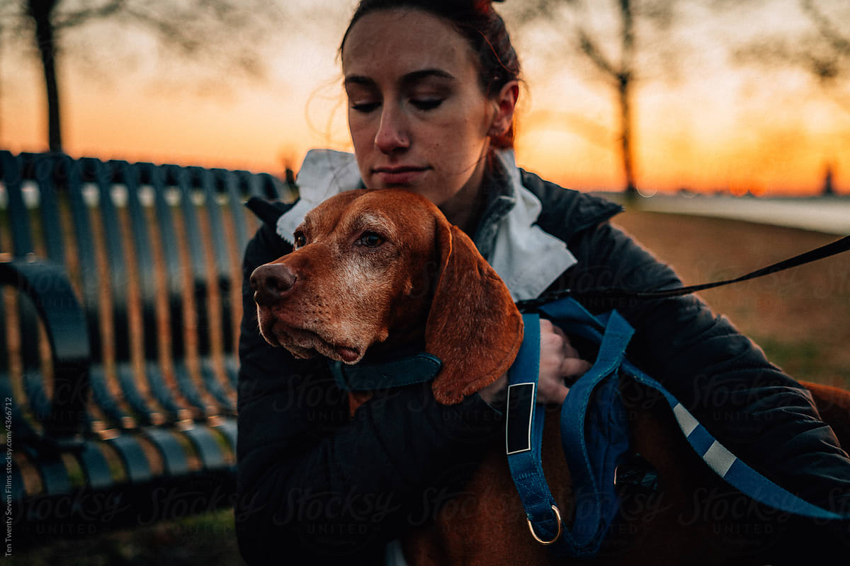 A woman hugs a dog in the park