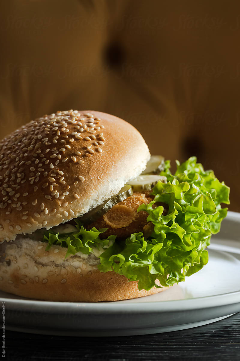 Chicken Burger With Green Salad.