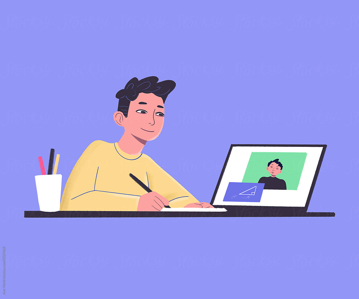 illustration for a student immersed in an online class with a teacher