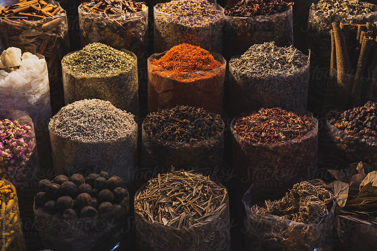Horizontal image of spices in the spice market. Dubai, UAE.