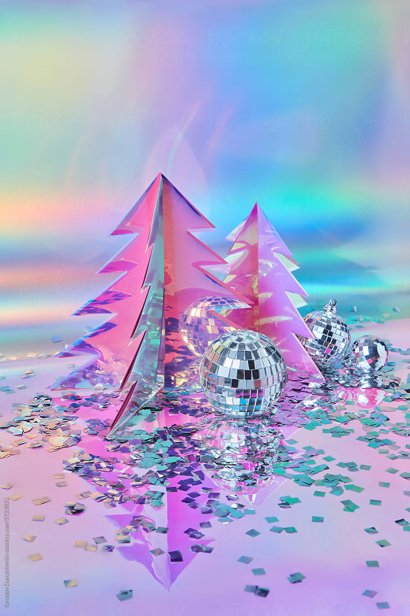 ?hristmas trees of holographic foil with disco balls and confetti