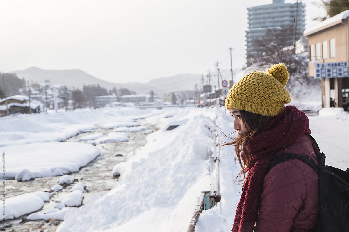 Girl in a snowy Japanese town