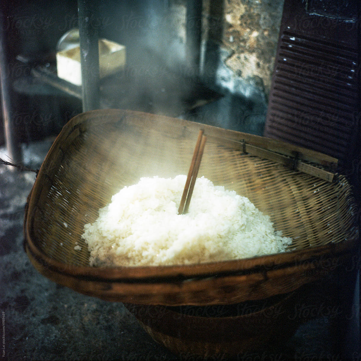 Hot Rice in Bamboo Basket