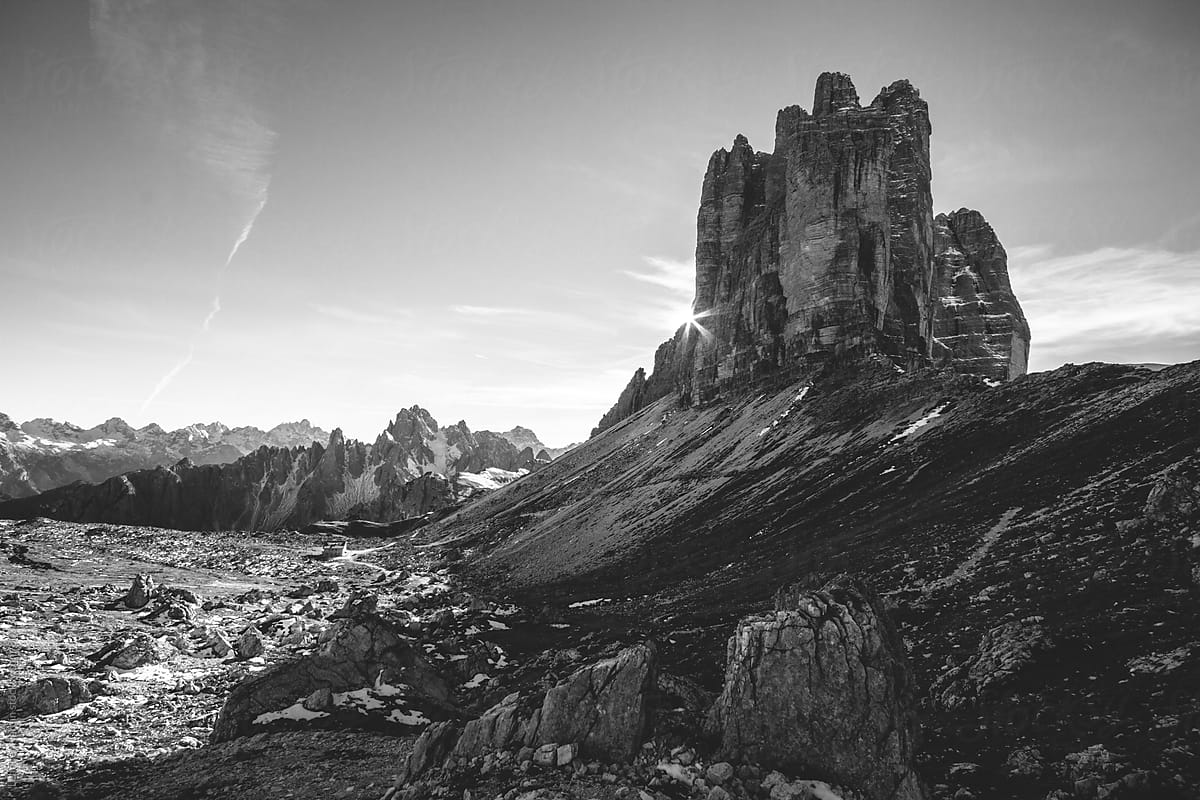 sunset at the famous three pinnacles in black and white