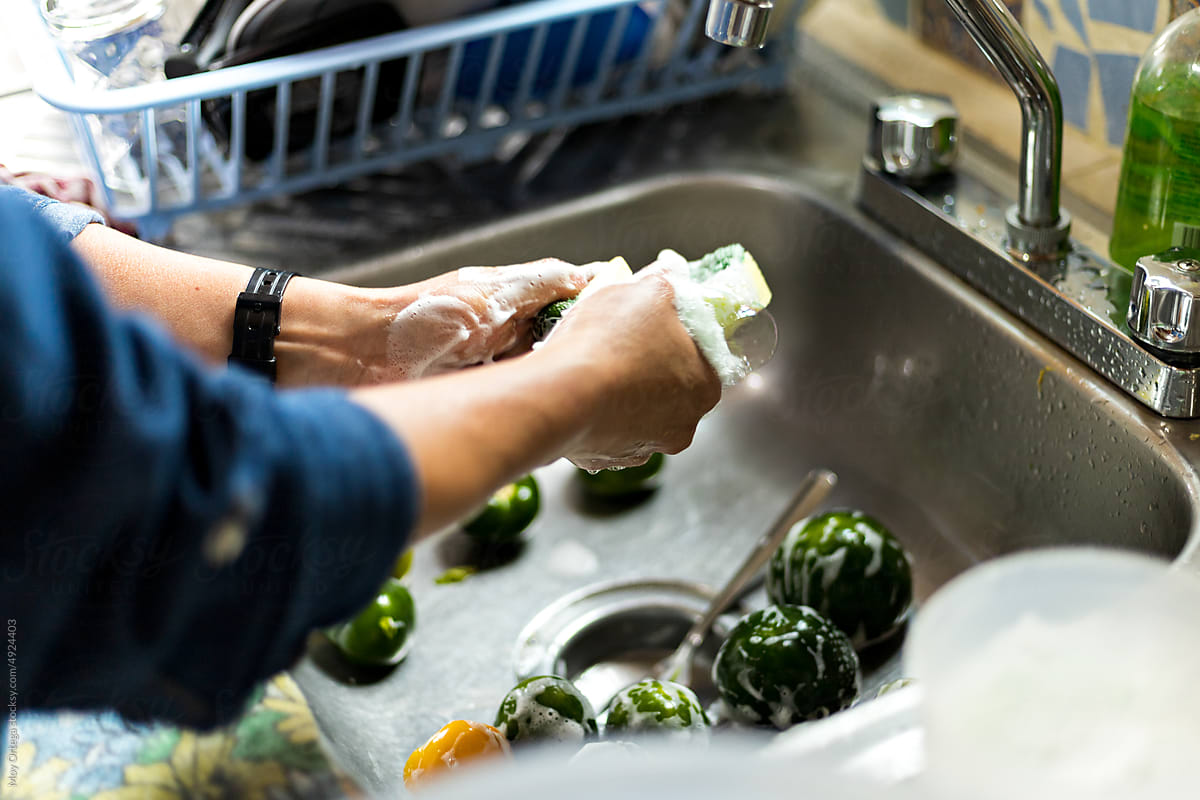 Woman\'s hands washing fresh vegetables with soap