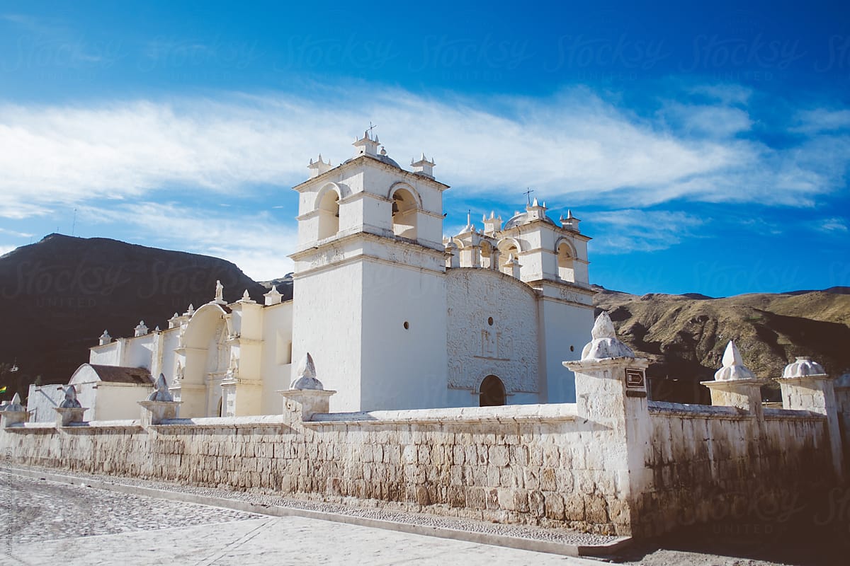 Beautiful colonial white stone church in Yanque, Peru