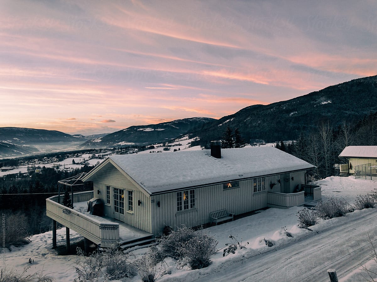 Pink Winter Sunset Over Norwegian Valley